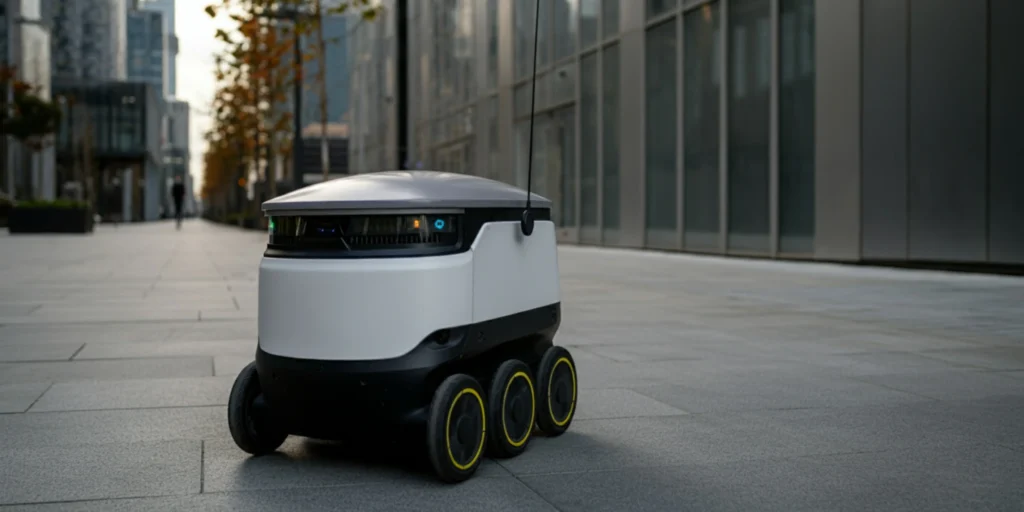AI-powered robot navigating an urban street using spatial awareness.