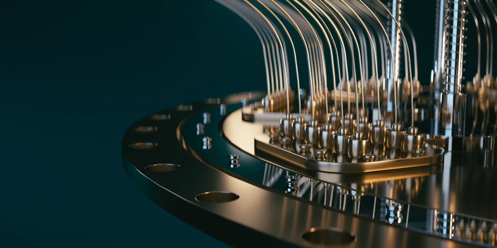 Quantum computer chamber with glowing wires and circuits.