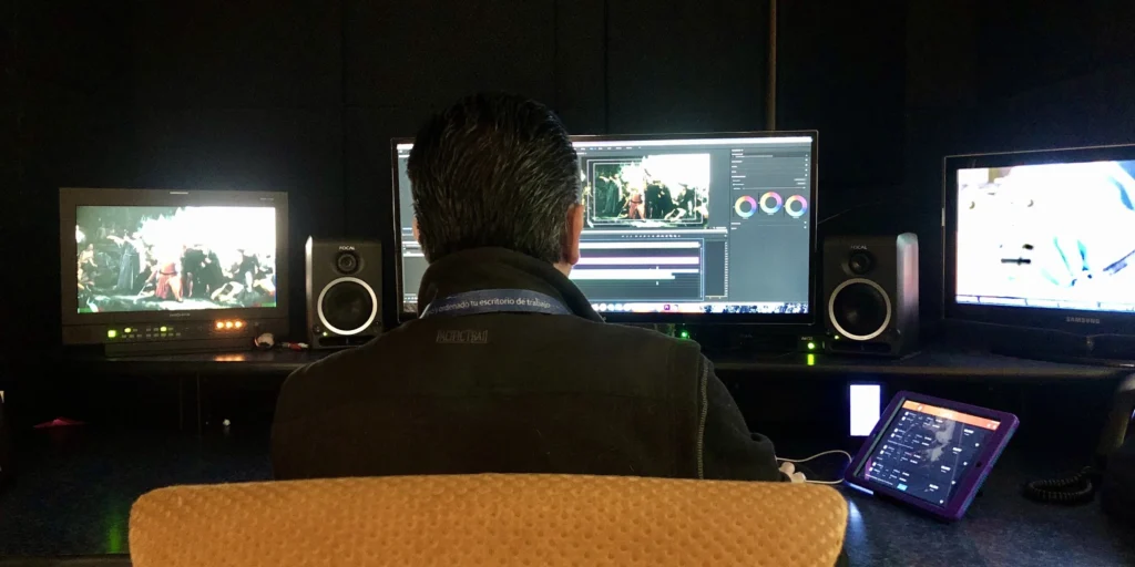 Professional working on multiple screens, managing data in real time.
