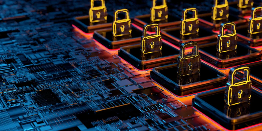 Abstract digital lock over binary code representing personal data protection.