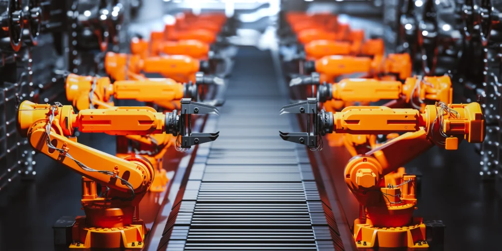 Factory robots guided by AI systems performing tasks autonomously.