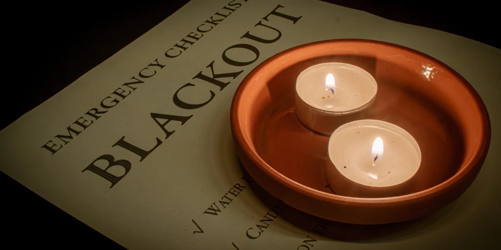 Emergency blackout checklist with two lit candles in a clay bowl.