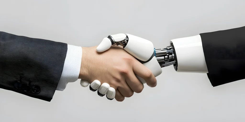 Office employee shakes hand with algorithmic boss