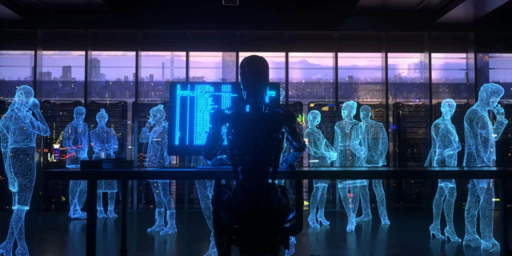 A digital AI agent with a glowing interface in a virtual workspace