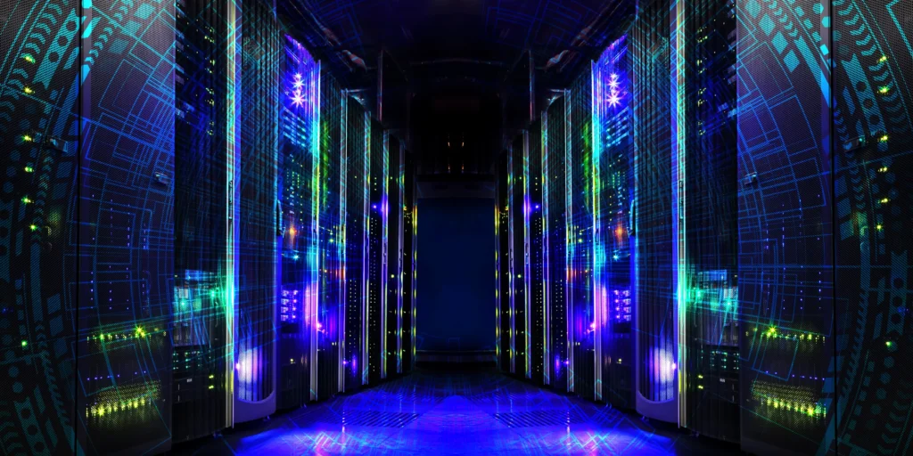Inside a futuristic data center with rows of glowing supercomputers and advanced cooling systems, representing the scale of OpenAI and SoftBank's $500 billion Stargate project.